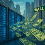 A visual representation of massive data centers with glowing server racks, showing large sums of money flowing into them, set against a backdrop of a bustling Wall Street.