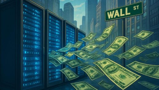 A visual representation of massive data centers with glowing server racks, showing large sums of money flowing into them, set against a backdrop of a bustling Wall Street.