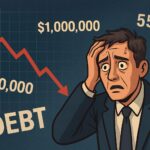 A worried individual looking at a rapidly dropping stock chart with debt numbers floating around.