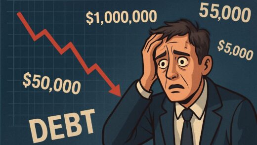 A worried individual looking at a rapidly dropping stock chart with debt numbers floating around.