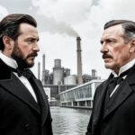 Alexander Hamilton and Abraham Lincoln looking at a modern factory with American flags in the background, historical and economic transition concept.