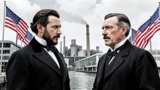 Alexander Hamilton and Abraham Lincoln looking at a modern factory with American flags in the background, historical and economic transition concept.