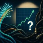An abstract representation of optical fibers intertwining with old cable TV wires, with a spotlight on a stock chart showing a sharp rise and a question mark.