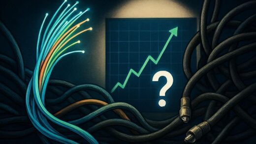 An abstract representation of optical fibers intertwining with old cable TV wires, with a spotlight on a stock chart showing a sharp rise and a question mark.