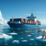 An advanced cargo ship navigating through a partially melted Arctic sea with icebergs, a polar bear watching from a distance, clear blue sky, modern and futuristic feel, global trade, 2026.