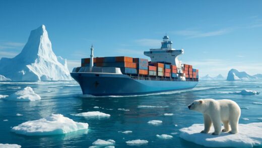 An advanced cargo ship navigating through a partially melted Arctic sea with icebergs, a polar bear watching from a distance, clear blue sky, modern and futuristic feel, global trade, 2026.