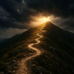 An aerial view of a winding, rocky mountain path leading to a bright, sunlit peak, with storm clouds gathering in the background, symbolizing challenges and resilience.