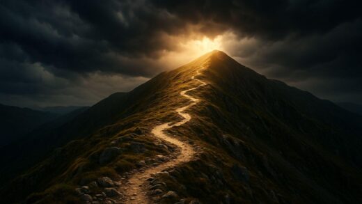 An aerial view of a winding, rocky mountain path leading to a bright, sunlit peak, with storm clouds gathering in the background, symbolizing challenges and resilience.