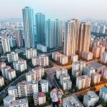 An aerial view of Seoul's diverse real estate, with some high-rise buildings in the background showing a slight decrease in value (subtly indicated by a cool blue tint), while surrounding mid-rise residential areas show clear growth (warm orange tint), symbolizing the current market dynamics. A small family looking stressed.