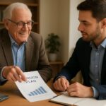 An elderly person giving financial advice to a younger person about pension planning, warm and trustworthy atmosphere, professional setting