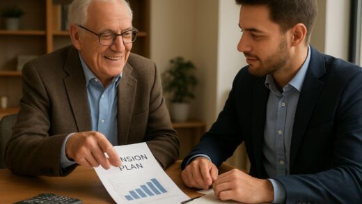 An elderly person giving financial advice to a younger person about pension planning, warm and trustworthy atmosphere, professional setting