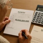 An elderly person looking at bank account statement with 10 billion won balance, calculator and pension documents on a desk, realistic illustration style