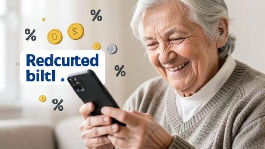 An elderly person smiling while looking at their smartphone with reduced phone bill notification, coins and percentage symbols floating around