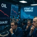 An image showing a tense Wall Street trading floor with oil price charts on screens, and a small map of the Strait of Hormuz highlighted in the background, set in 2026.