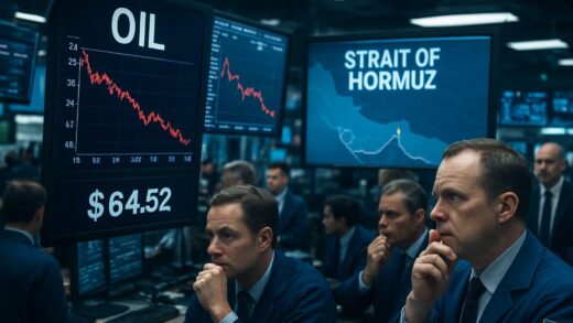 An image showing a tense Wall Street trading floor with oil price charts on screens, and a small map of the Strait of Hormuz highlighted in the background, set in 2026.