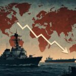 An impactful image showing a naval blockade in the Strait of Hormuz, with oil tankers in the background and a distressed global economic map overlay.