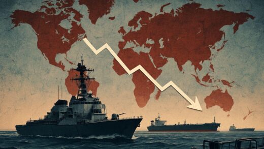 An impactful image showing a naval blockade in the Strait of Hormuz, with oil tankers in the background and a distressed global economic map overlay.