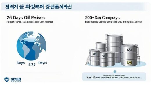 An infographic showing South Korea's oil reserves comparison: 26 days vs 200+ days, with barrels and storage tanks visualization, professional economic data presentation style