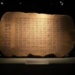 Ancient Mesopotamian clay tablet with cuneiform writing, showing tax records from 2400 BC, displayed in a museum setting with dramatic lighting, symbols of ancient taxation systems visible