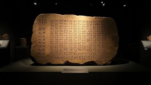 Ancient Mesopotamian clay tablet with cuneiform writing, showing tax records from 2400 BC, displayed in a museum setting with dramatic lighting, symbols of ancient taxation systems visible