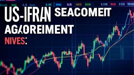 Breaking news headline showing US-Iran ceasefire agreement with stock market charts skyrocketing in the background, digital art style