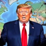 Donald Trump giving a speech with Middle Eastern maps and oil infrastructure in the background, digital art style