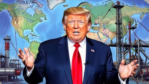 Donald Trump giving a speech with Middle Eastern maps and oil infrastructure in the background, digital art style