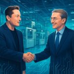 Elon Musk shaking hands with Intel CEO in a modern semiconductor factory with advanced chip manufacturing equipment in the background, digital art style with glowing circuit patterns