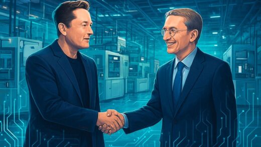 Elon Musk shaking hands with Intel CEO in a modern semiconductor factory with advanced chip manufacturing equipment in the background, digital art style with glowing circuit patterns