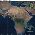 Global financial market data superimposed with a map of the Middle East, showing oil prices and currency exchange rates.