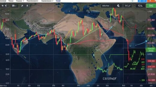Global financial market data superimposed with a map of the Middle East, showing oil prices and currency exchange rates.