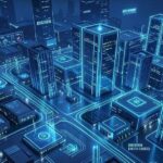 Global semiconductor market, upward trend, data centers, AI chips, growth, high-tech factories, futuristic, digital illustration