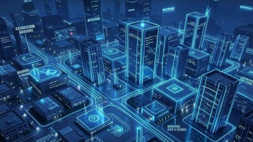 Global semiconductor market, upward trend, data centers, AI chips, growth, high-tech factories, futuristic, digital illustration