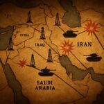 Historical map of Middle East with oil wells and military conflict symbols, showing connection between war zones and oil reserves, dramatic lighting