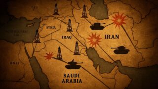 Historical map of Middle East with oil wells and military conflict symbols, showing connection between war zones and oil reserves, dramatic lighting