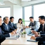 Japanese office workers from various age groups collaborating happily in a modern office, showing diversity and inclusion.