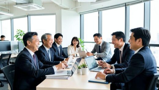 Japanese office workers from various age groups collaborating happily in a modern office, showing diversity and inclusion.