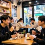 Japanese young people enjoying K-pop music and Korean dramas in a trendy Tokyo cafe, with Korean beauty products and food visible in the background, vibrant and modern atmosphere