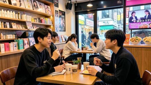 Japanese young people enjoying K-pop music and Korean dramas in a trendy Tokyo cafe, with Korean beauty products and food visible in the background, vibrant and modern atmosphere