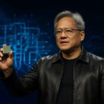 Jensen Huang on stage at a technology conference, holding a quantum computing chip, with dramatic lighting and a holographic display showing quantum circuits, photorealistic style, technology keynote atmosphere
