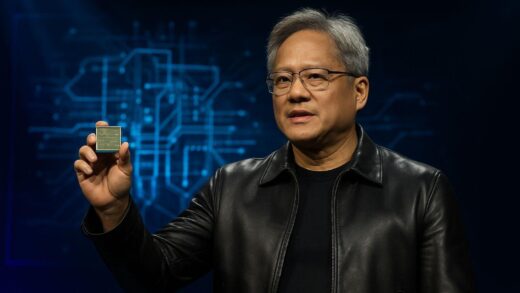 Jensen Huang on stage at a technology conference, holding a quantum computing chip, with dramatic lighting and a holographic display showing quantum circuits, photorealistic style, technology keynote atmosphere