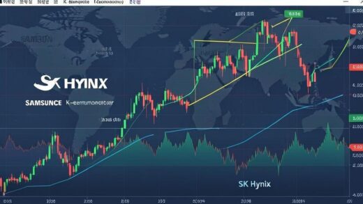 Korean stock market chart showing a strong upward trend, with abstract representations of Samsung Electronics and SK Hynix leading the charge. Global geopolitical events are subtly hinted in the background, but the foreground emphasizes the resilience of the K-semiconductor industry.