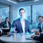 Mark Zuckerberg's AI avatar interacting with diverse employees in a modern, futuristic office setting, showing holographic interfaces and seamless communication. The avatar looks identical to Zuckerberg but with a subtle digital glow.