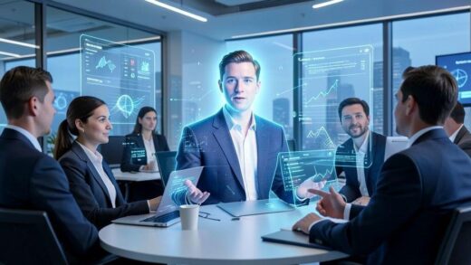 Mark Zuckerberg's AI avatar interacting with diverse employees in a modern, futuristic office setting, showing holographic interfaces and seamless communication. The avatar looks identical to Zuckerberg but with a subtle digital glow.