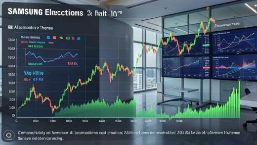 Samsung Electronics stock chart showing dramatic rise with AI semiconductor theme in background, data visualization of quarterly earnings growth, modern corporate office with digital displays