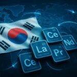South Korea national flag intertwined with rare earth elements, global supply chain map in the background, showing arrows connecting countries. Futuristic, detailed, high-tech feel.