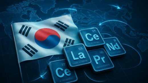 South Korea national flag intertwined with rare earth elements, global supply chain map in the background, showing arrows connecting countries. Futuristic, detailed, high-tech feel.