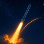 SpaceX rocket launching at night with glowing trail against starry sky, futuristic space technology, digital art style