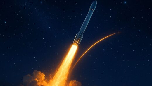 SpaceX rocket launching at night with glowing trail against starry sky, futuristic space technology, digital art style