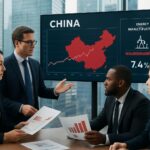 Wall Street analysts discussing Chinese economic charts and energy infrastructure, modern financial district background with data screens showing China's economic indicators